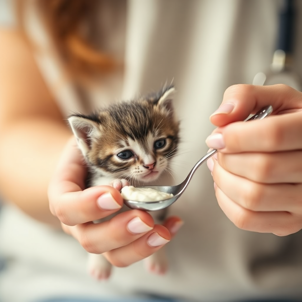 Pet sitter feeding kitten