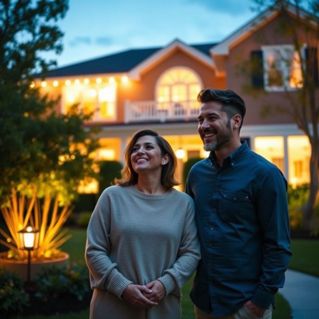 Couple admiring lit house