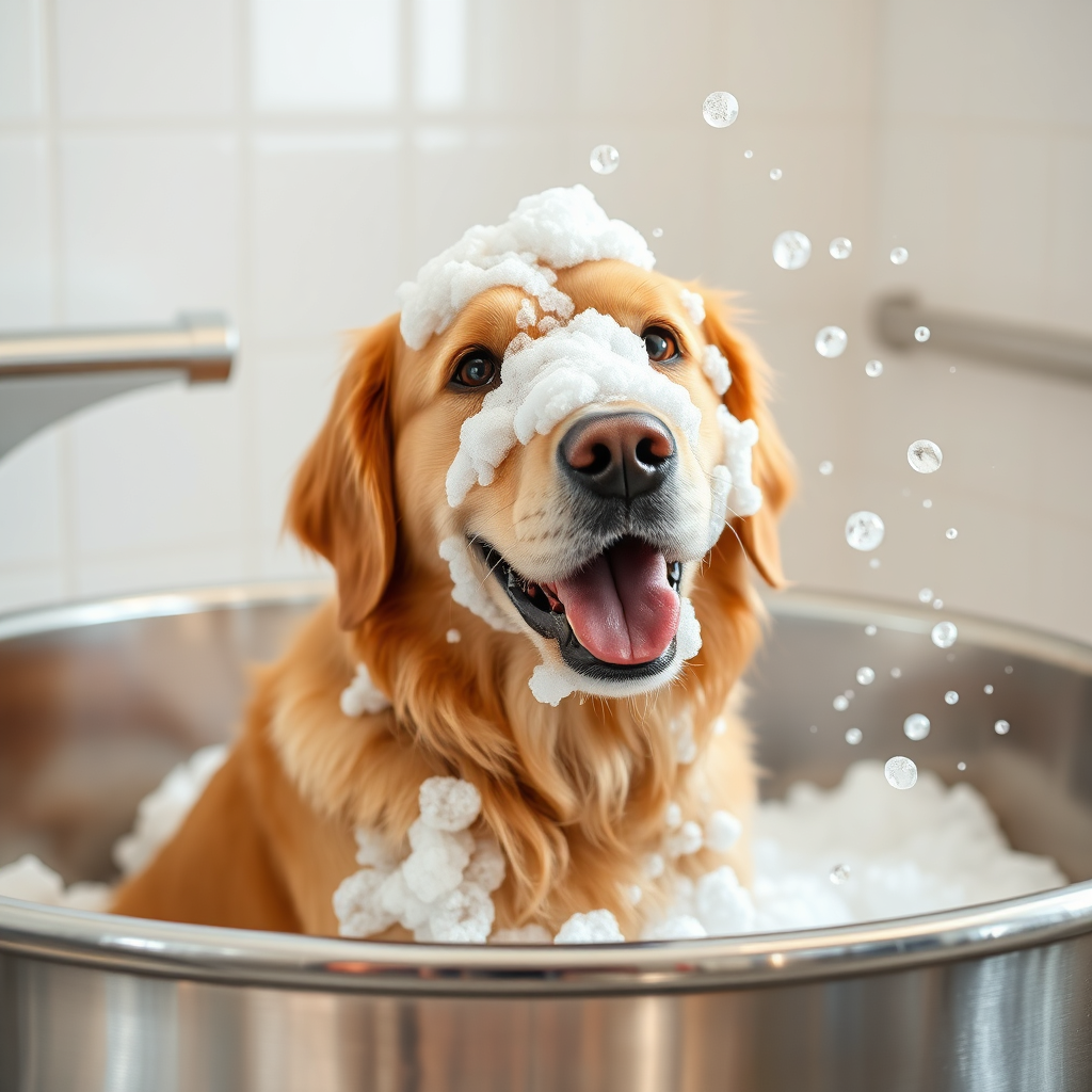 Dog getting a professional bath