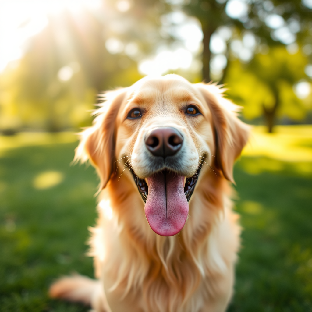 A happy Golden Retriever dog in a park
