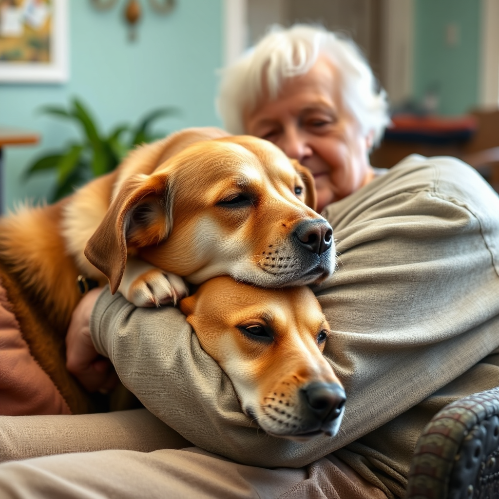 Therapy dog comforting elderly person