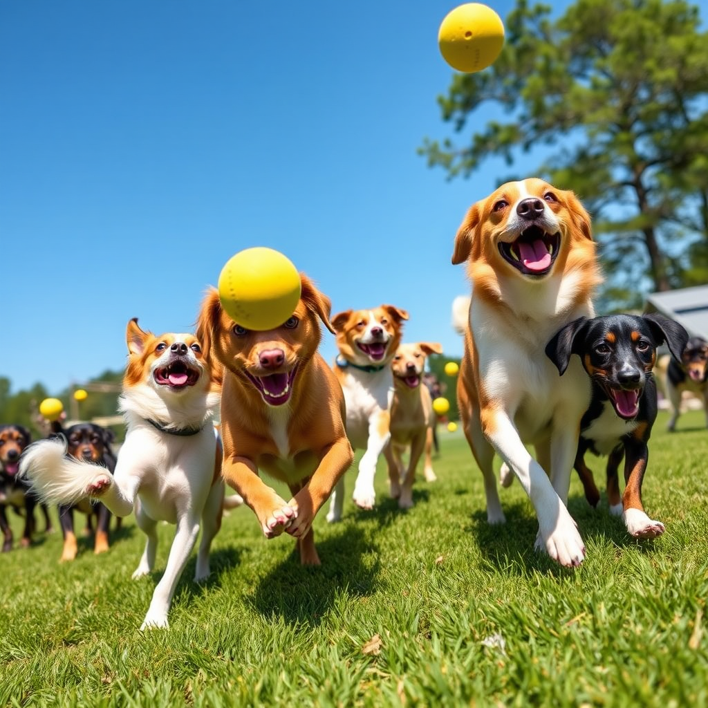 Dogs playing fetch outdoors