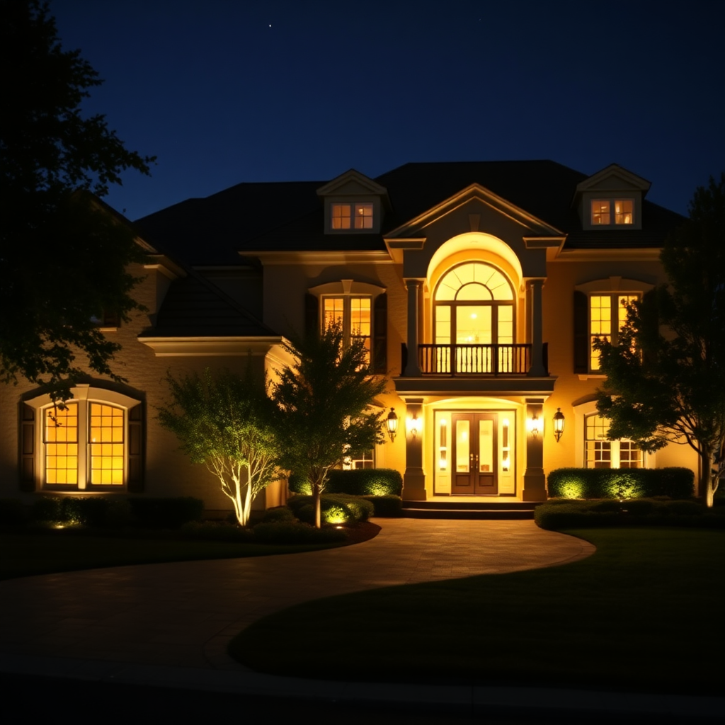 Luxurious home exterior at night