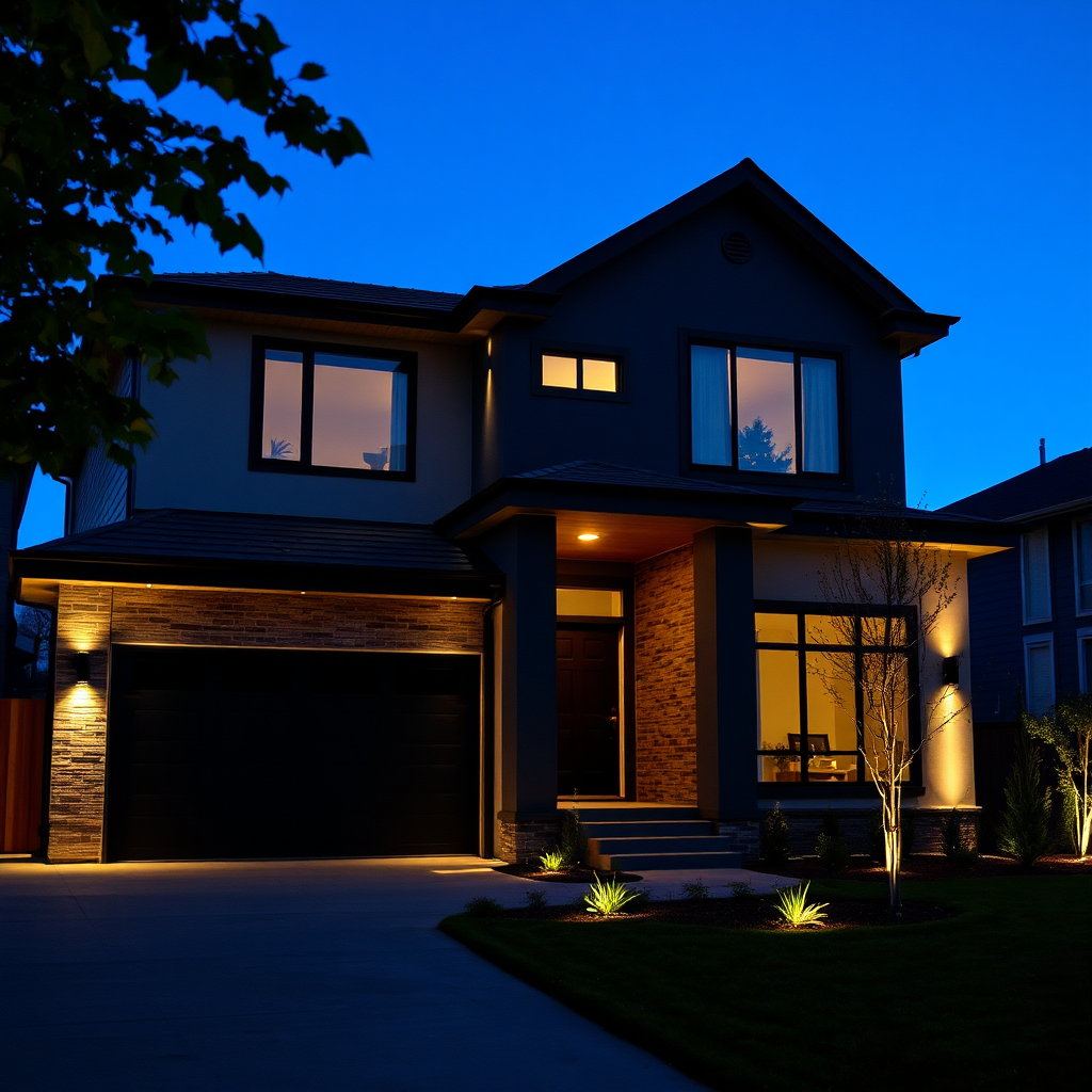 Modern home facade with accent lighting