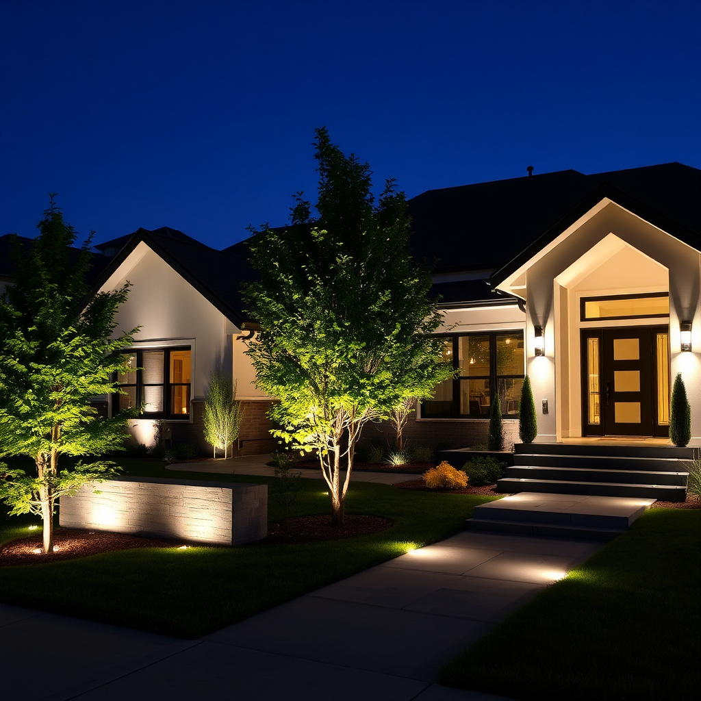 Modern house exterior with landscape lighting