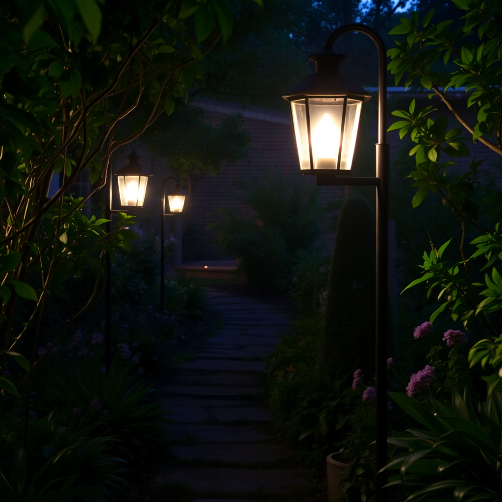 Garden pathway with lantern lights