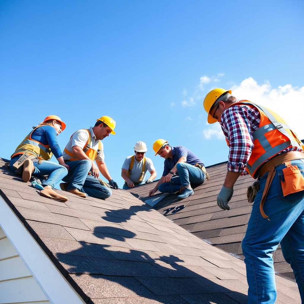 Roofing crew working on a house