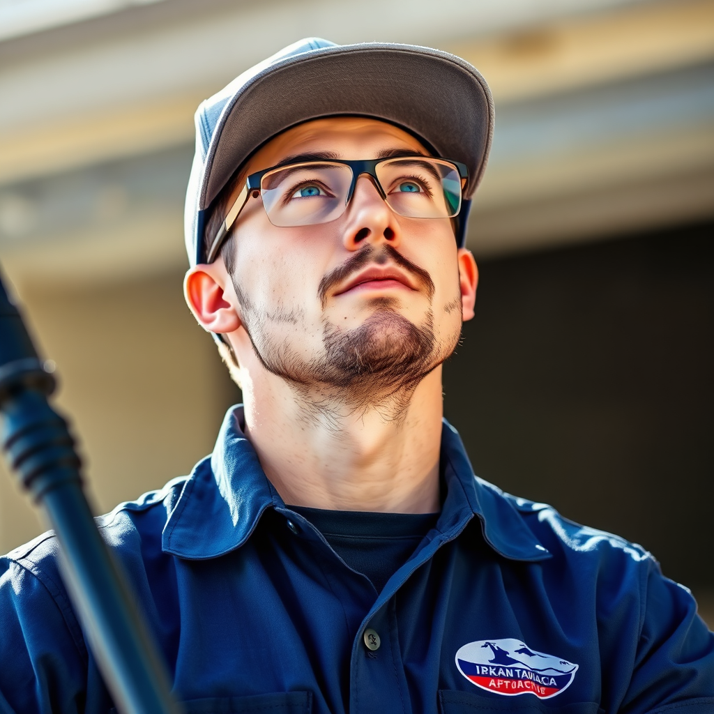Professional pressure washer looking up