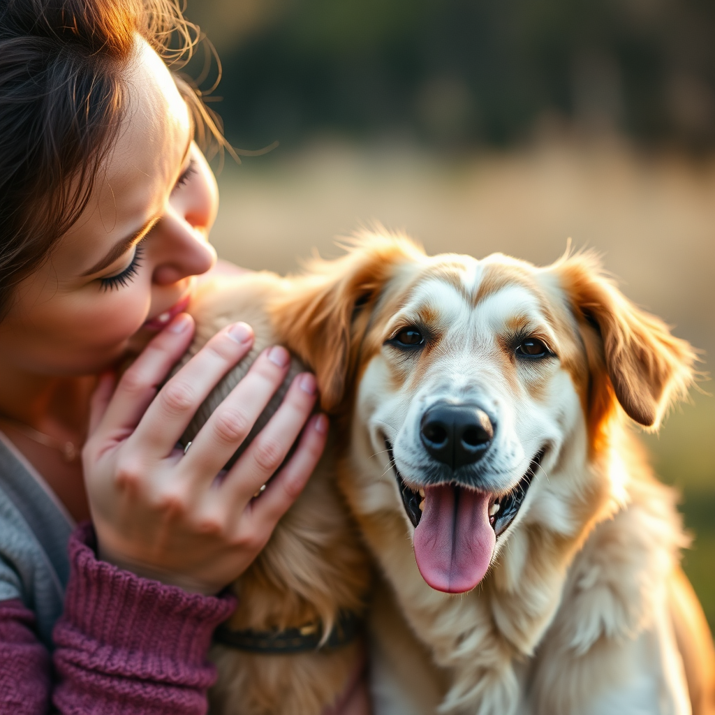Woman and dog showing affection