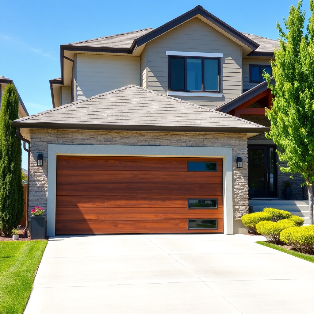 Contemporary home with wooden garage door