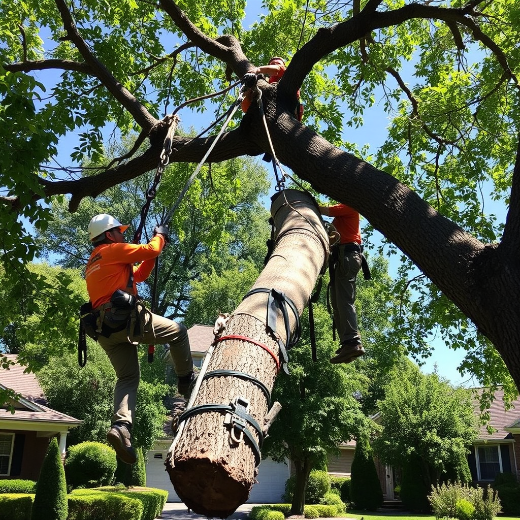 Arborists safely lowering a tree limb