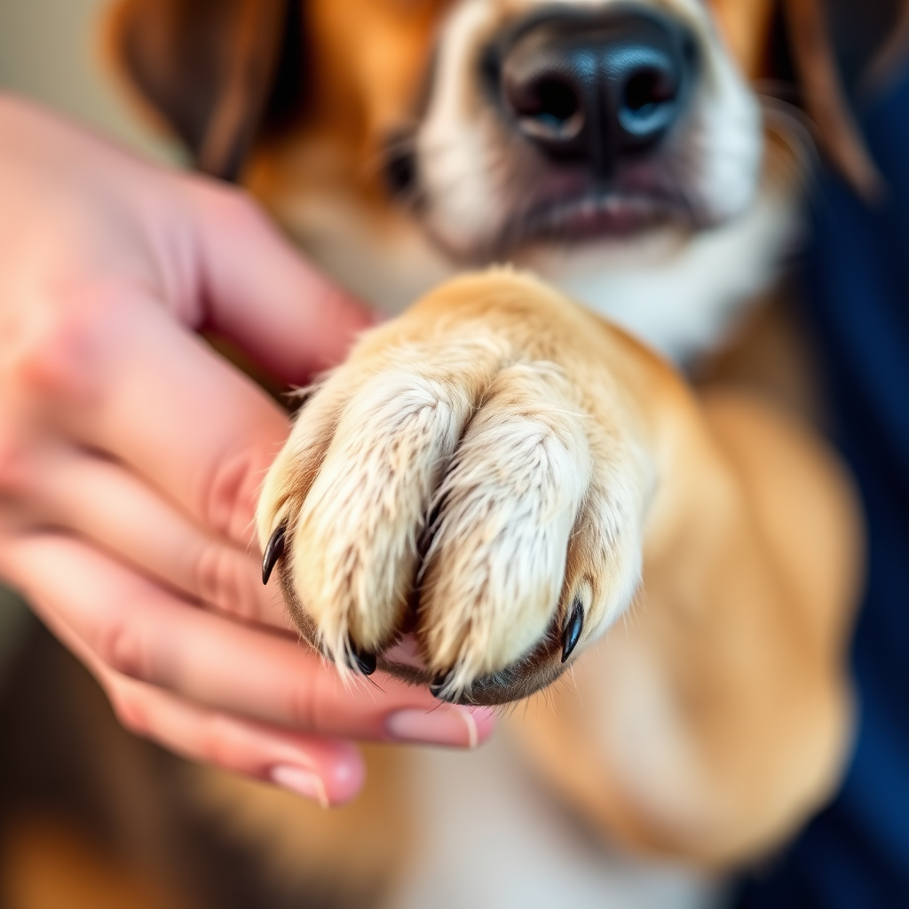 Human hand holding dog paw