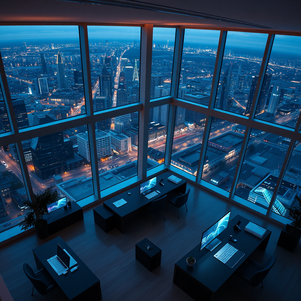 Modern office overlooking cityscape at dusk