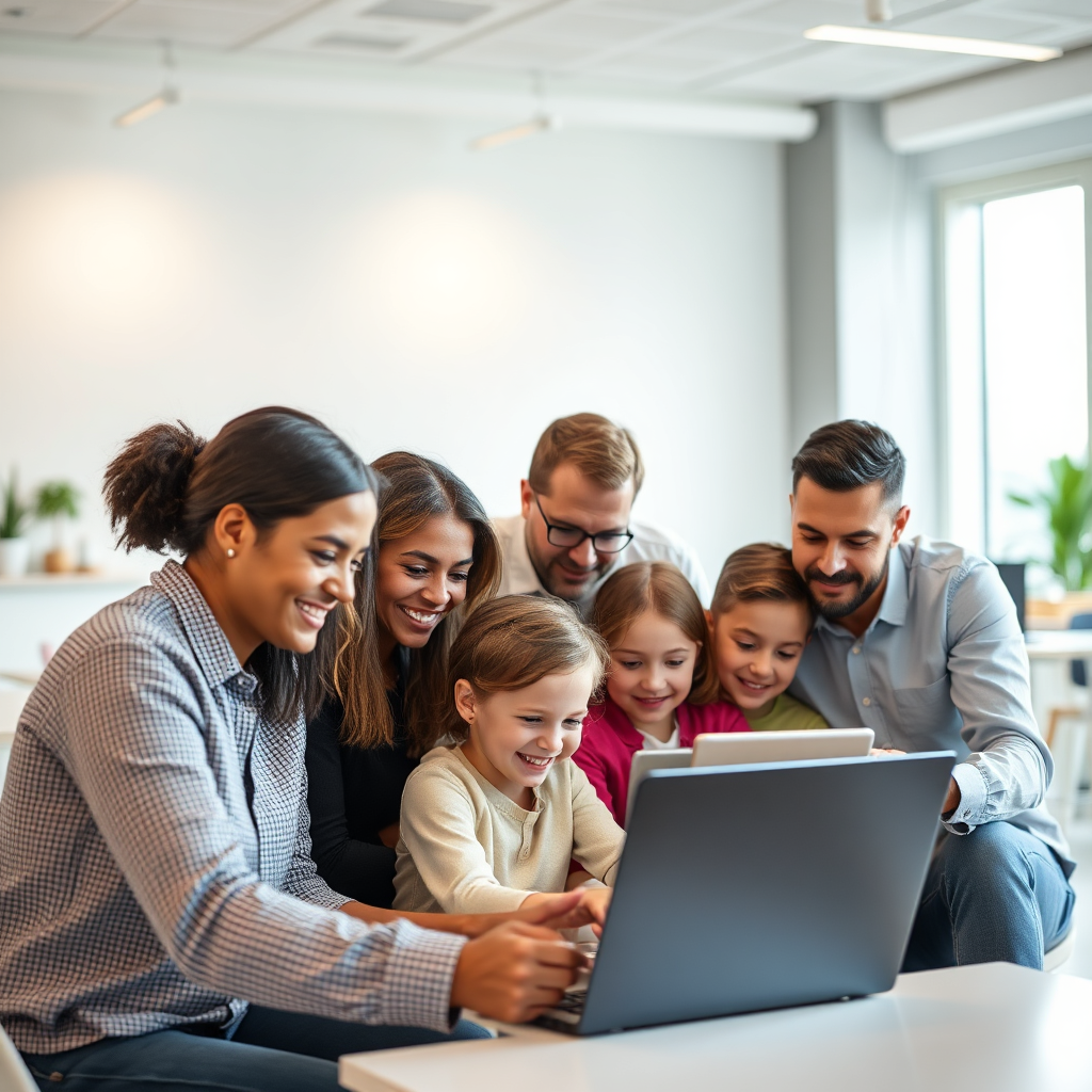 Diverse group (adults and children) collaborating on laptops