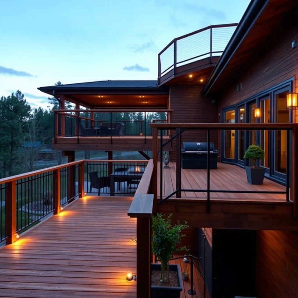 Custom outdoor wooden deck with lighting