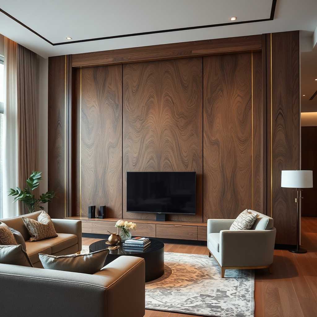 Interior wooden wall paneling with gold inlay