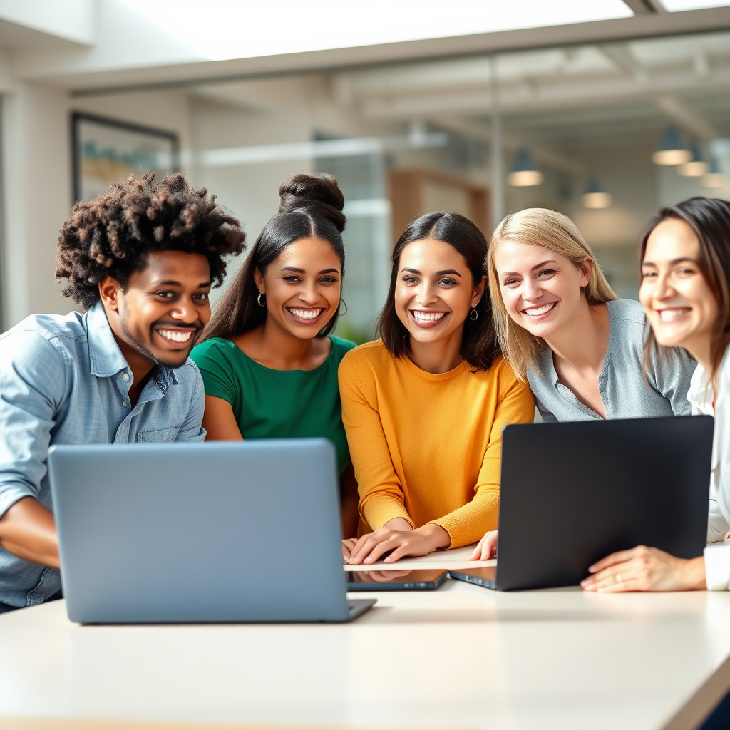 Diverse employees collaborating in a modern office.