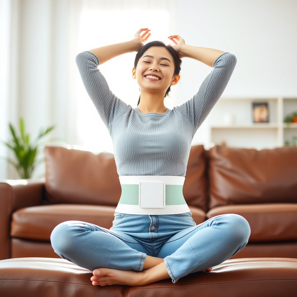 Woman smiling on sofa wearing a slimming belt