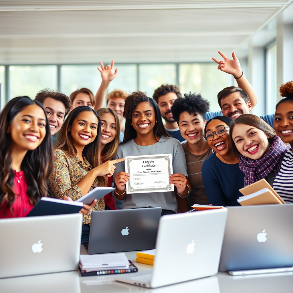 Students celebrating successful course completion with a refund challenge