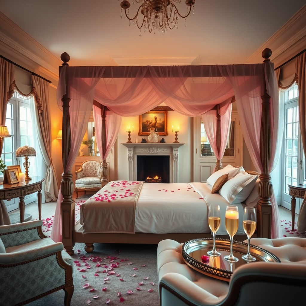 Romantic Heart Suite bedroom with canopy bed and fireplace