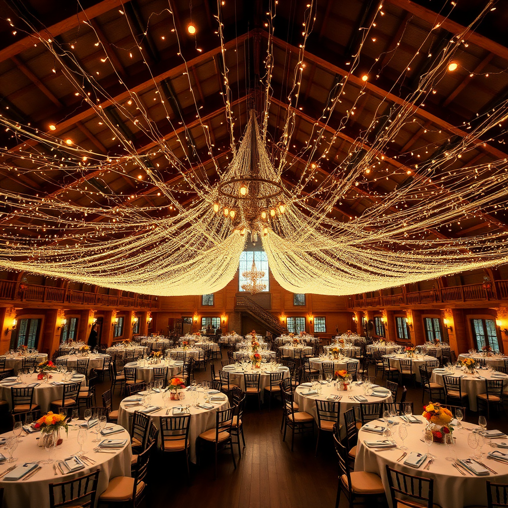 Dining hall with fairy lights at dusk