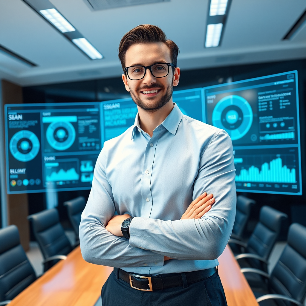 AI leadership presenting in a futuristic conference room