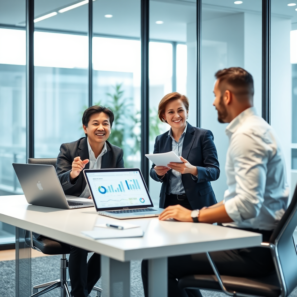 Finance broker presenting to a client in a modern office
