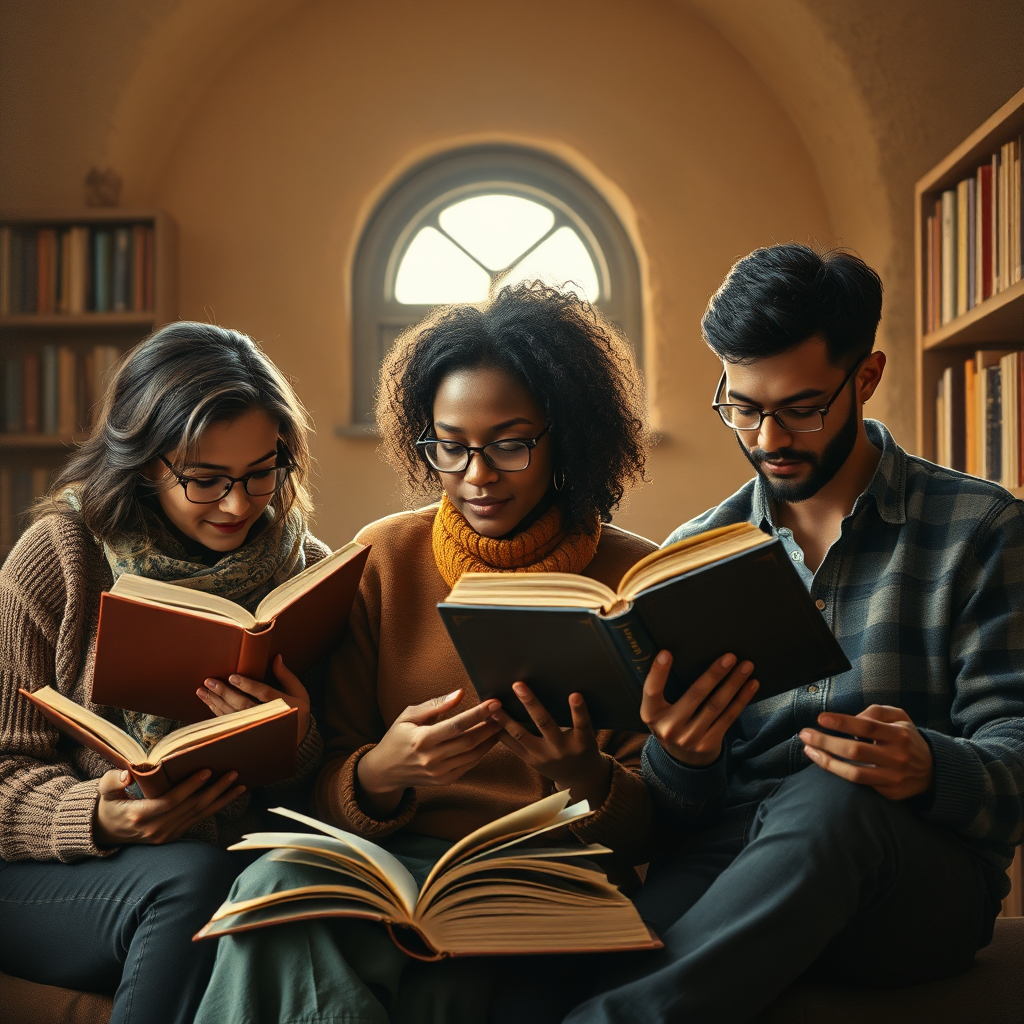 Adult readers immersed in books
