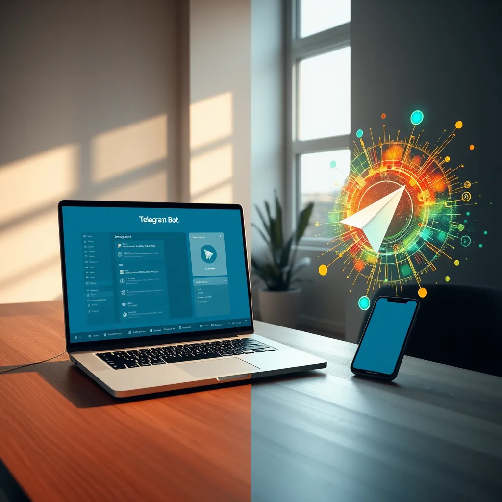 Create a photorealistic, ultra-high quality (8K resolution) header image for a digital development and design business specializing in Telegram bot services. The image should be a split-screen composition, with the left side featuring a modern, minimalist workspace with a laptop displaying a Telegram bot interface. The workspace should be bathed in soft, natural light streaming through a window, creating a warm and inviting atmosphere. The right side should showcase a vibrant, abstract graphic representing the power and dynamism of Telegram bots. Use a color palette of deep blues, vibrant greens, and warm oranges to reflect the technological and innovative nature of the business. The overall mood should be professional, modern, and visually engaging, evoking a sense of trust and expertise. The image should be shot from a slightly elevated angle, creating a dynamic perspective. Include subtle textures in the materials, such as the smooth surface of the laptop, the rough grain of the wooden desk, and the metallic finish of the phone. Incorporate minimal environmental elements, such as a potted plant or a sleek modern chair, to enhance the visual appeal.  Reference the style of websites like Dribbble and Behance for inspiration.  , ultra high resolution, photorealistic, 8K, hyperdetailed, cinematic lighting