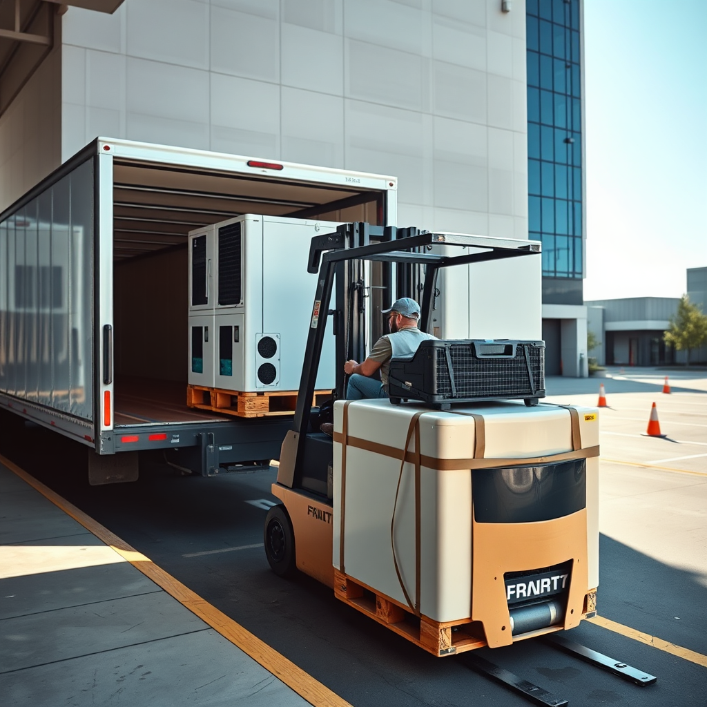 Forklift unloading HVAC units at a loading dock