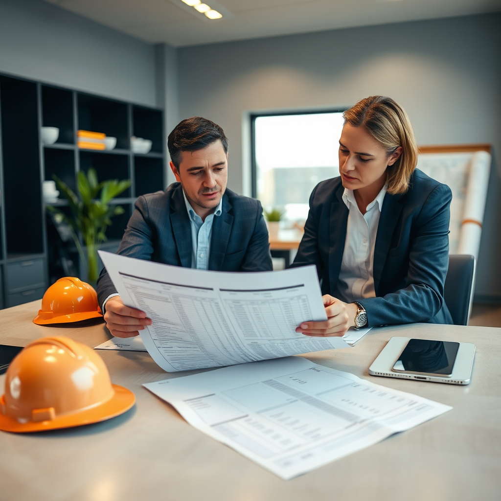 Construction office reviewing payroll and timesheets