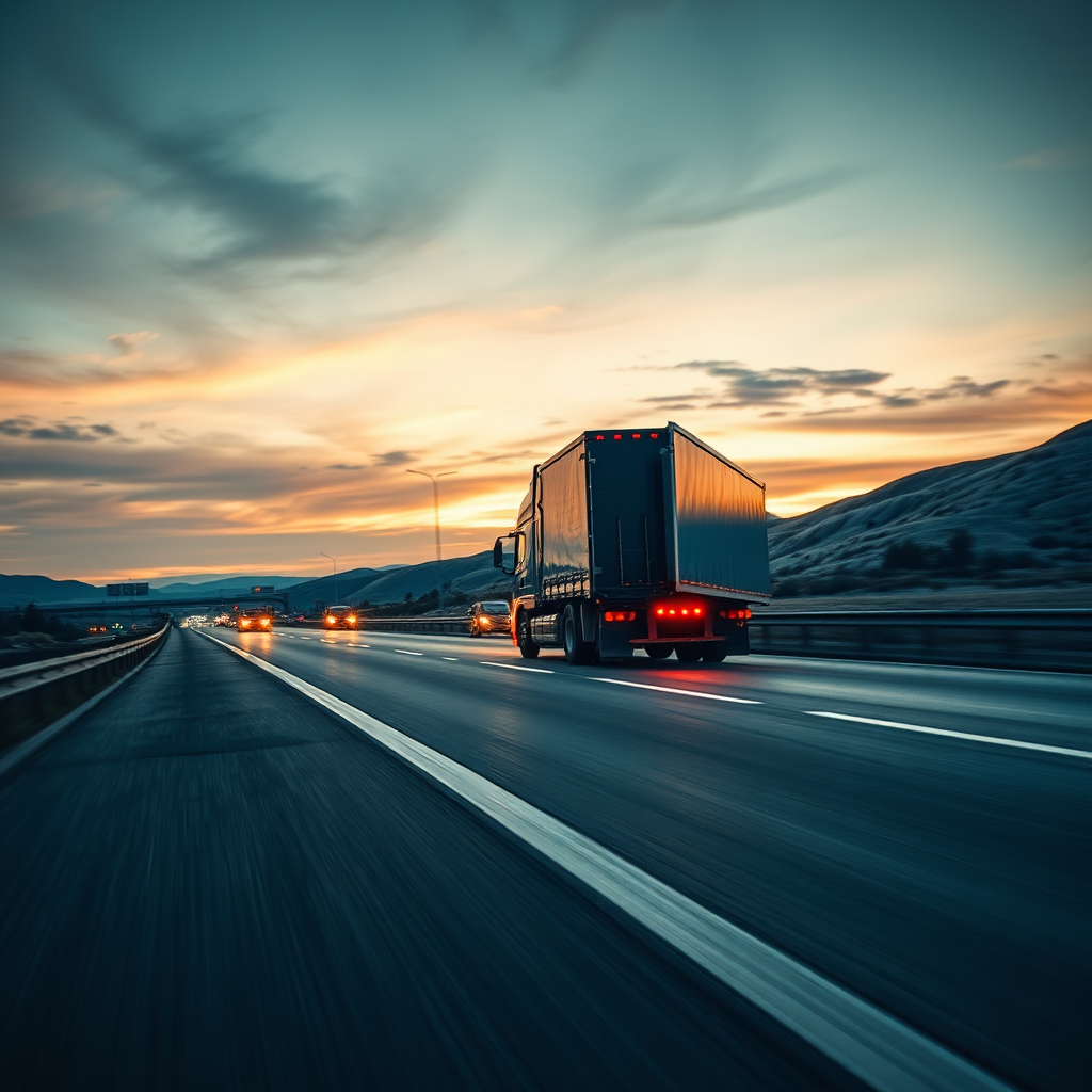 Truck driving on a highway at dusk