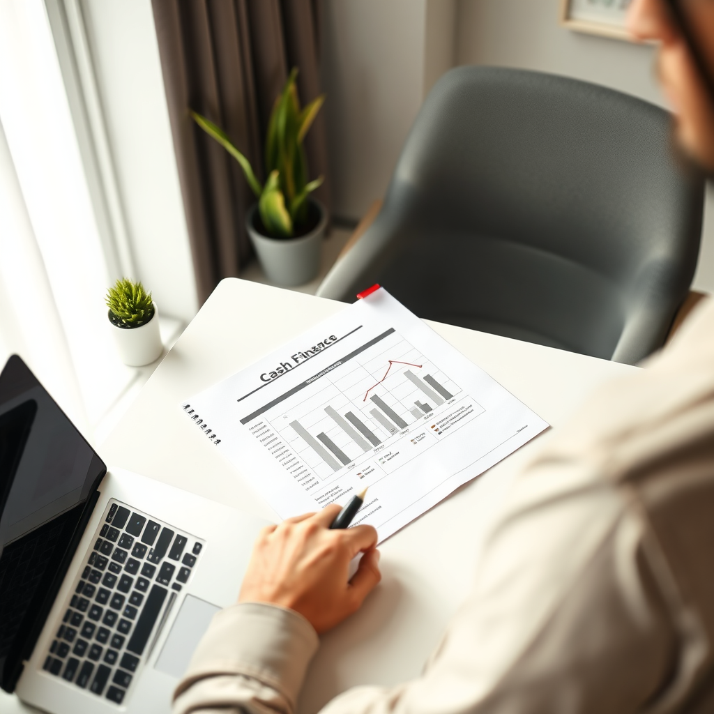 Business owner reviewing cash flow documents in a modern workspace