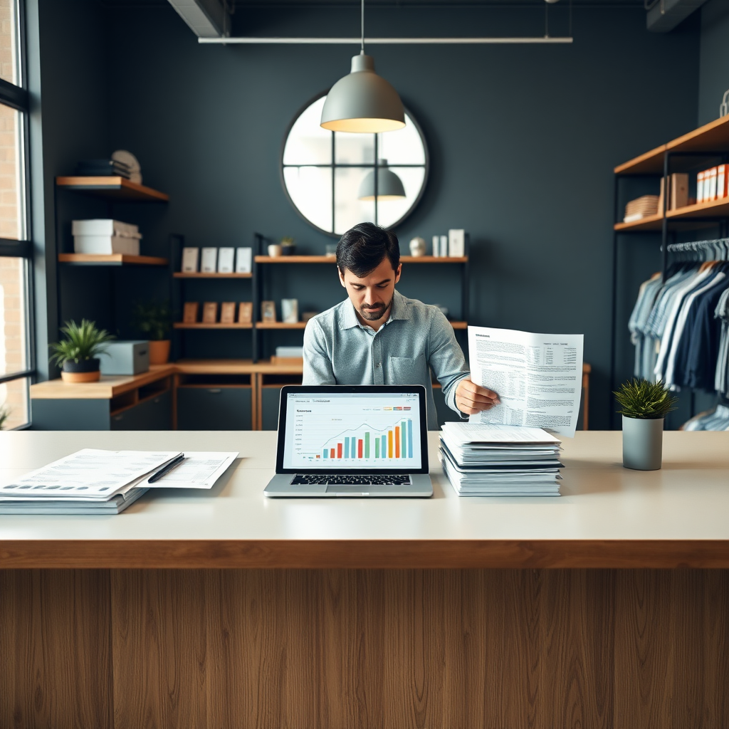 Retail business owner reviewing financial documents