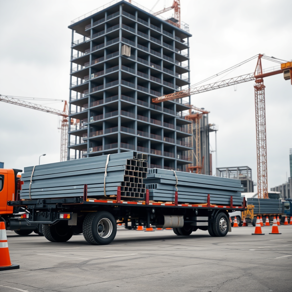 Steel beam delivery at a construction site