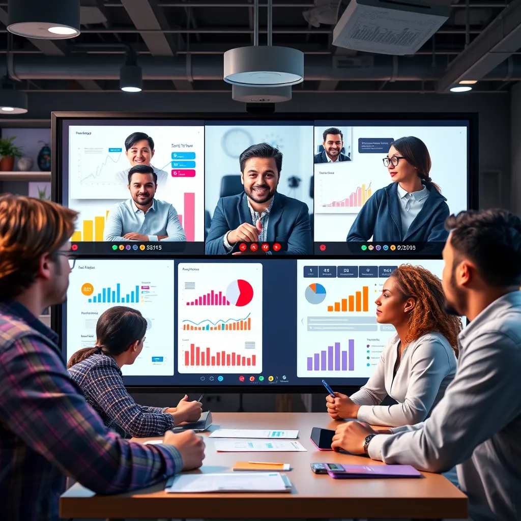 A creative digital marketing team collaborating virtually over video calls. Show diverse individuals discussing strategies on a large screen, with colorful charts and graphs. The background should feature a modern office space filled with marketing materials and vibrant decor.