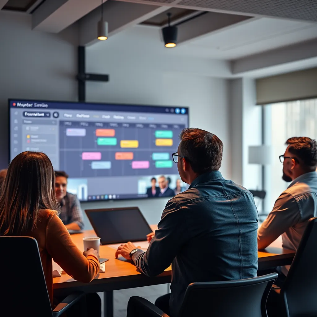 A focused project manager leading a remote team in a virtual meeting. The scene includes a large screen displaying a project timeline and a mix of diverse team members participating from different locations, showcasing collaboration and leadership.