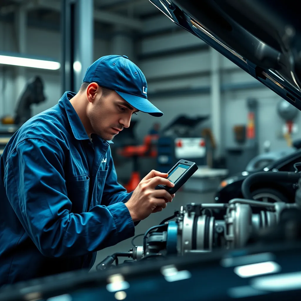 A high-quality image of a skilled mechanic working on a car's transmission. The mechanic, wearing a blue uniform, is focused on a sophisticated diagnostic tool. The garage is well-lit with high-tech equipment in the background, reflecting a professional automotive workshop.