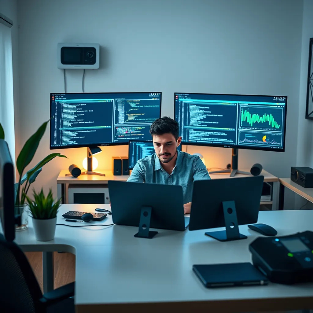A modern home office setup featuring a professional-looking individual working on a laptop surrounded by tech gadgets. The room is well-lit and organized, showcasing dual monitors displaying code and data analysis. Include elements like a potted plant and stylish furniture to evoke a productive work environment.