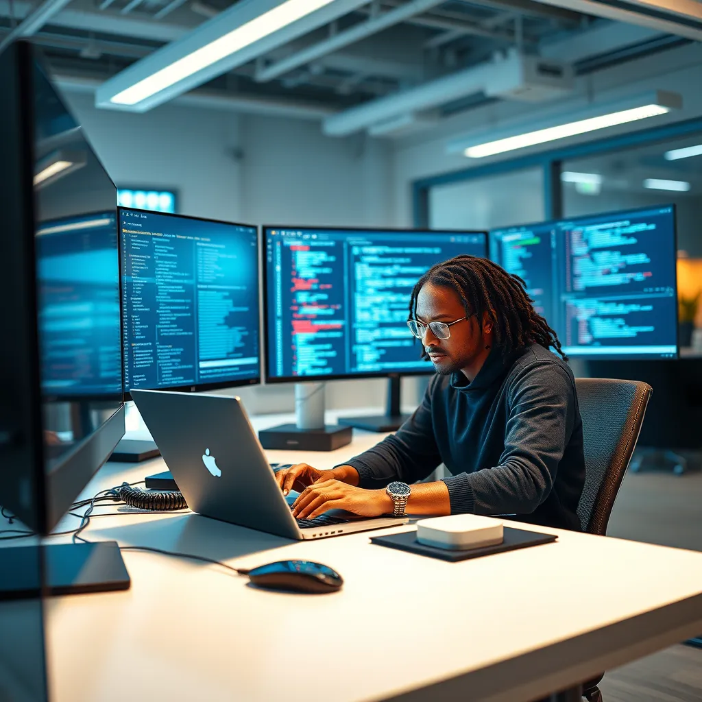 A modern workspace featuring a diverse software developer working on a laptop, surrounded by multiple screens showing code and data visualization. The setting is bright and modern, with digital elements indicating technology and innovation.