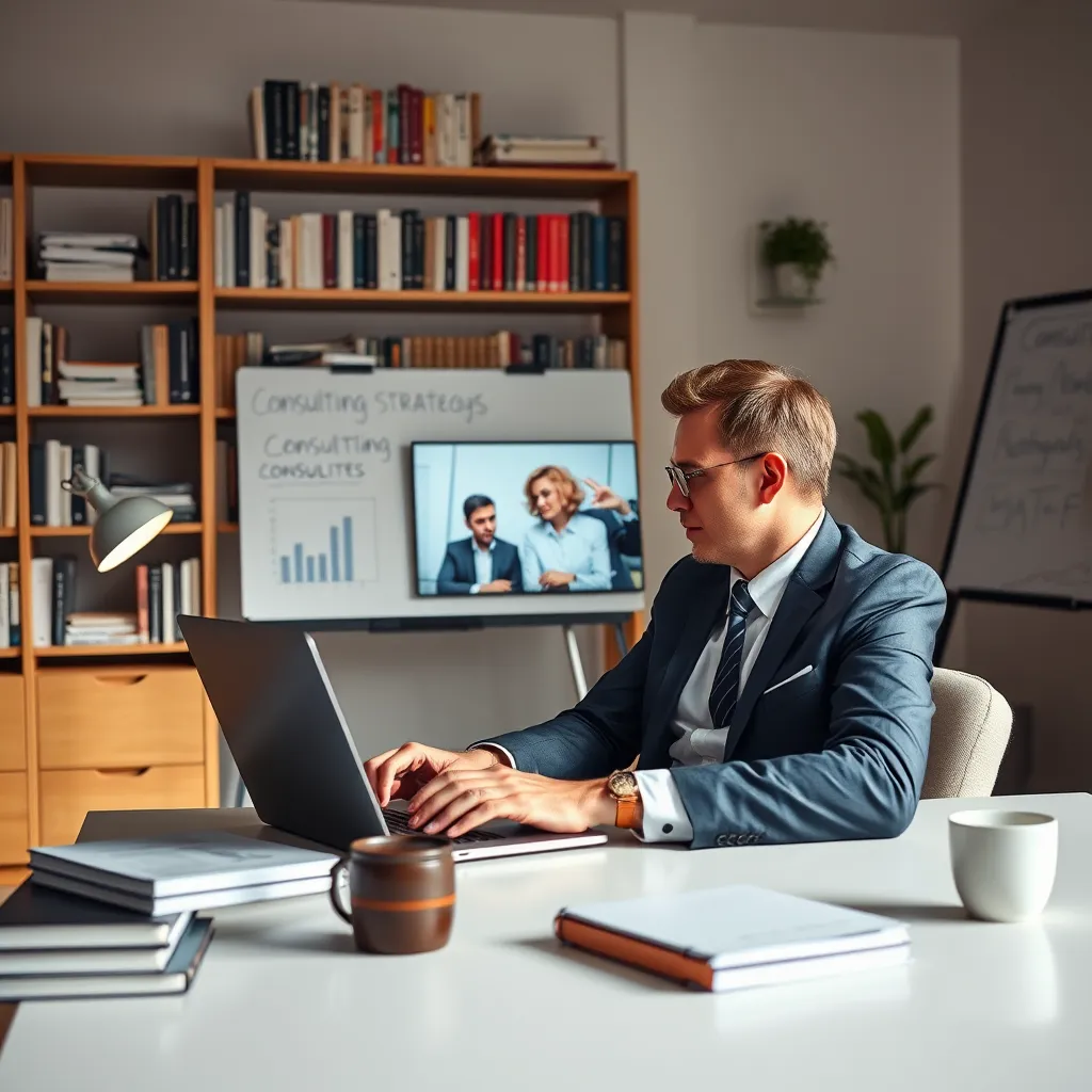 A professional consultant, dressed in business attire, video conferencing on a laptop with clients. The backdrop features a stylish, minimalistic home office filled with books, a whiteboard with notes, and charts reflecting consulting strategies, conveying expertise and professionalism.