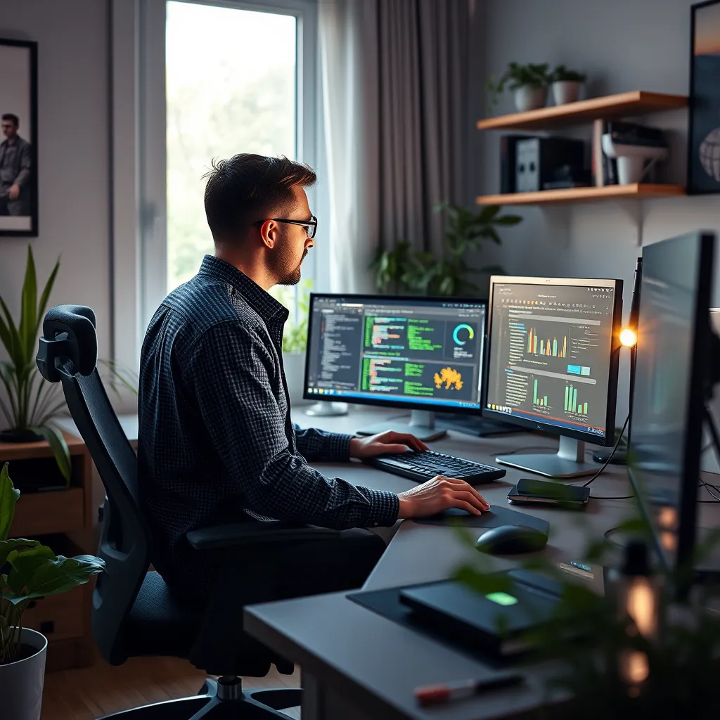 A professional remote software engineer working from a modern home office filled with advanced technology. The scene should convey a sense of productivity, with dual monitors displaying coding and data analytics. Include natural light from a window, plants, and a comfortable chair.