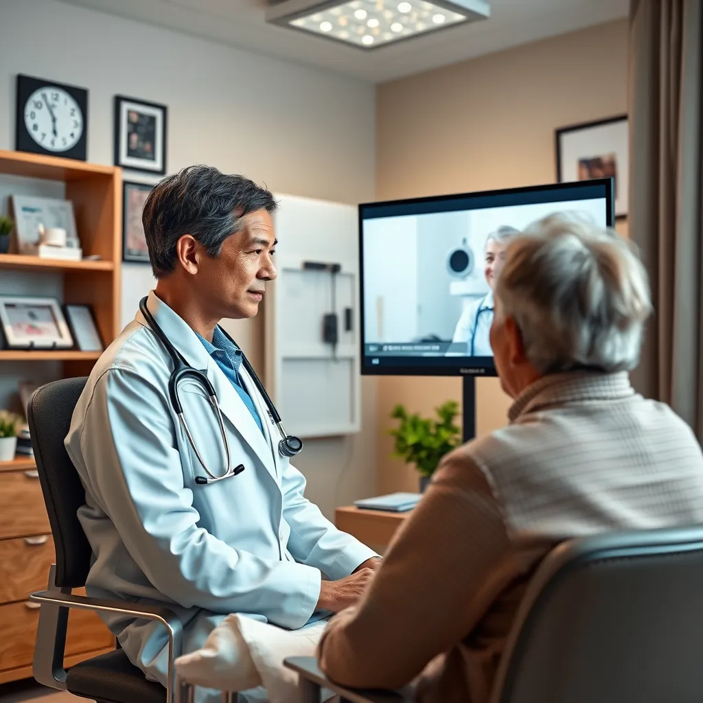 A telehealth consultation scene featuring a healthcare professional on a video call with a patient. The professional should be in a well-decorated office space, with medical charts and equipment visible. The patient’s image should be on the screen, showing a compassionate interaction.