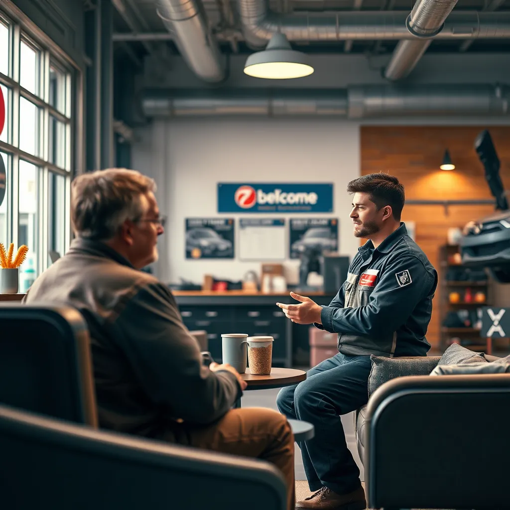 A warm, inviting image of a mechanic discussing vehicle repair options with a customer in a cozy waiting area. The atmosphere should be friendly, featuring comfortable seating, refreshments, and a welcoming reception area with branded signage.
