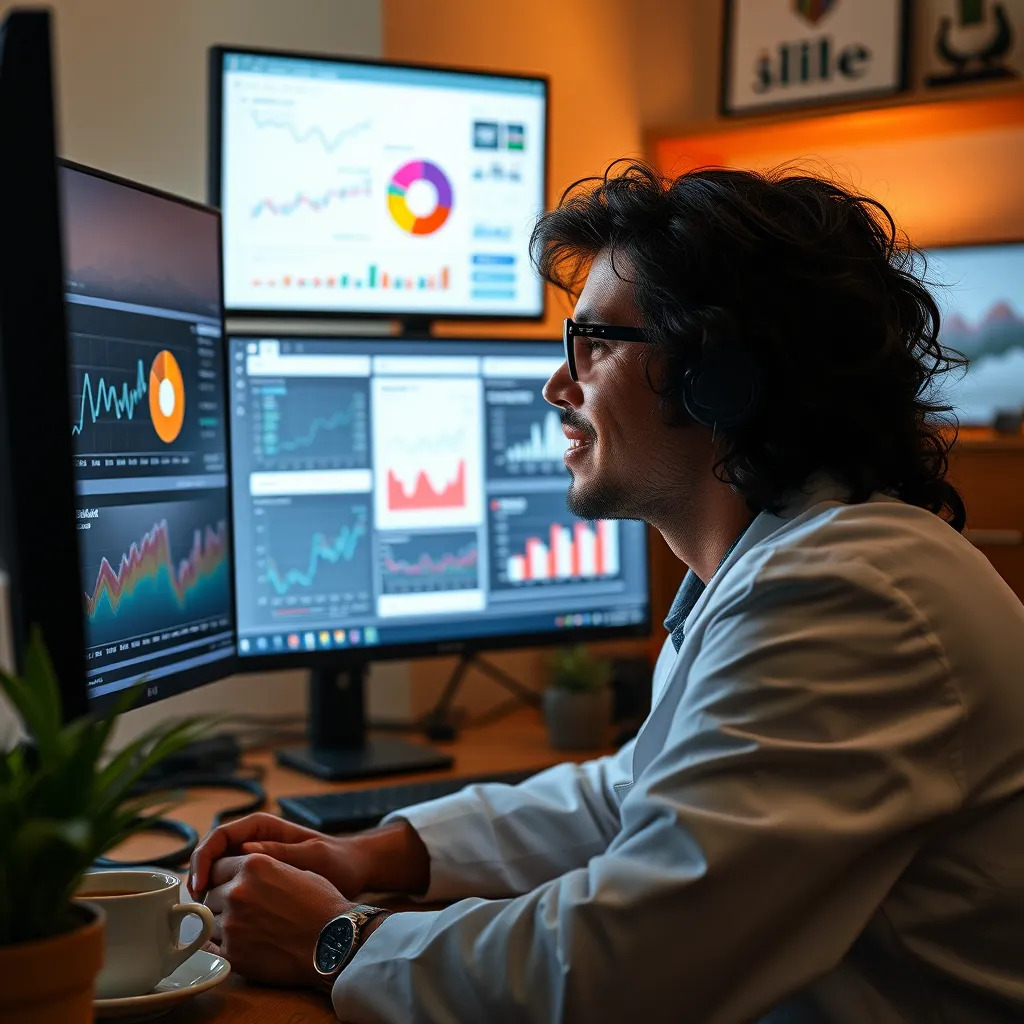 An engaged data scientist analyzing graphs and statistics on multiple screens in a cozy home office. There are visualizations of data like pie charts and line graphs on the screens, along with coffee cups and a plant for a homey feel.