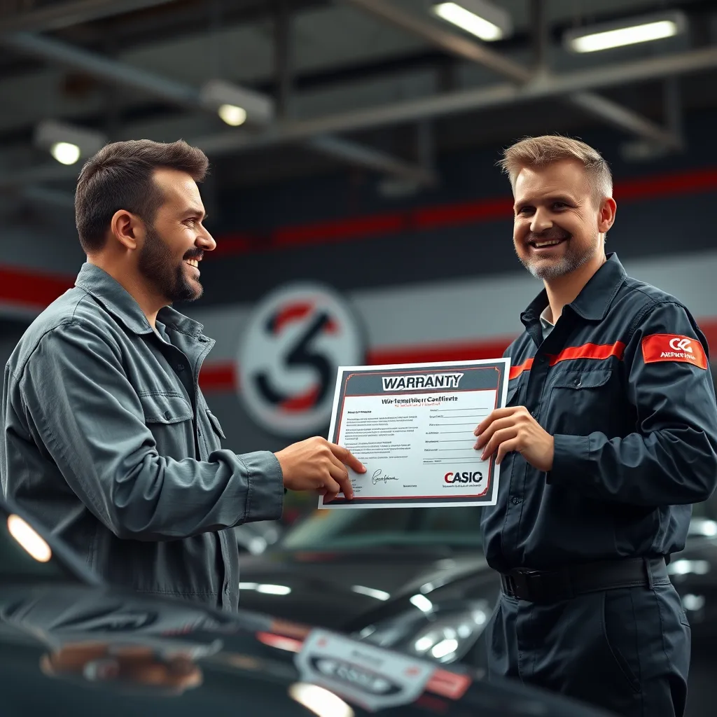 An impactful image showing a mechanic handing a warranty certificate to a satisfied customer beside a car in the shop. The mechanic looks proud and confident while the customer smiles, emphasizing trust and satisfaction, with a background displaying the shop's logo.