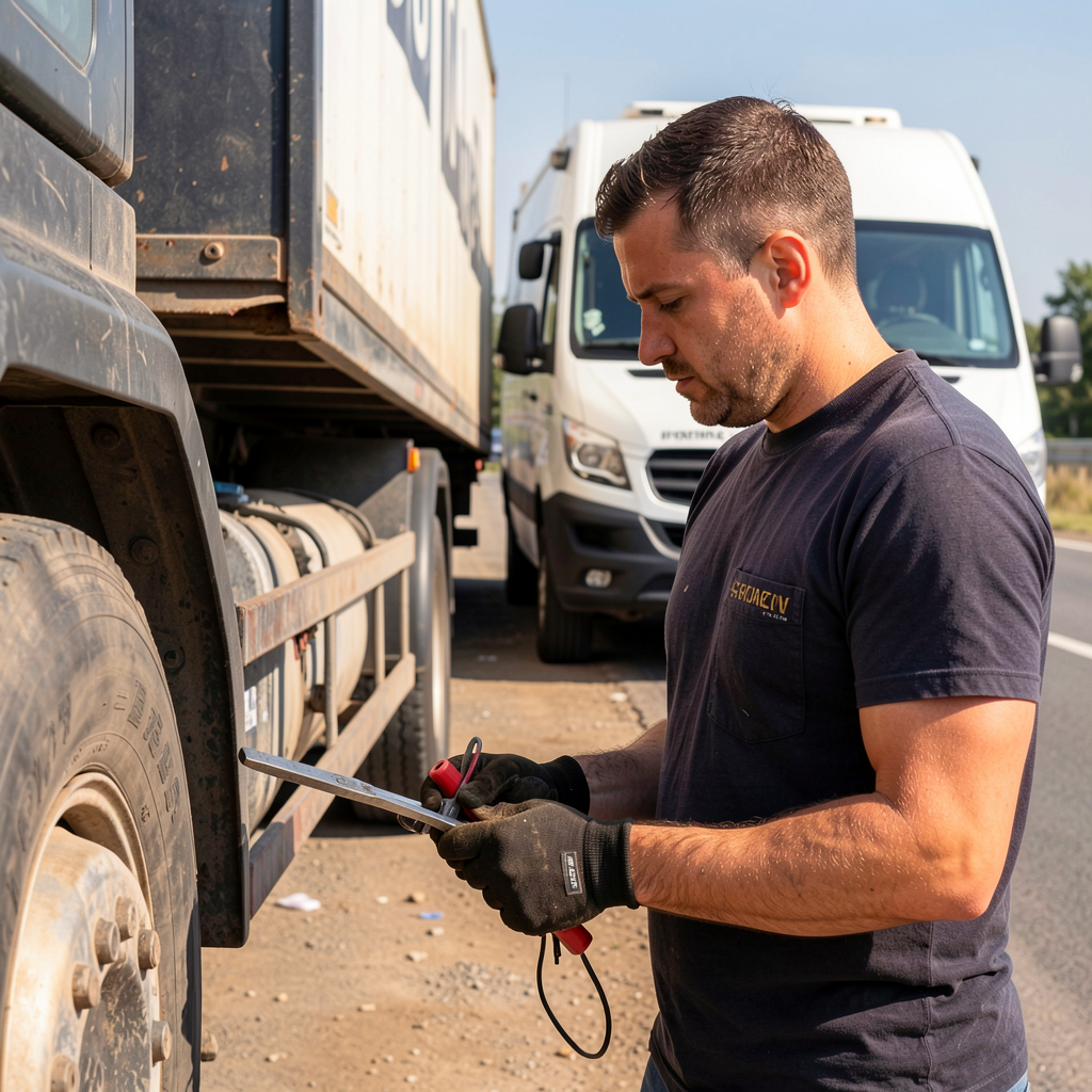 Technician inspecting a heavy vehicle roadside