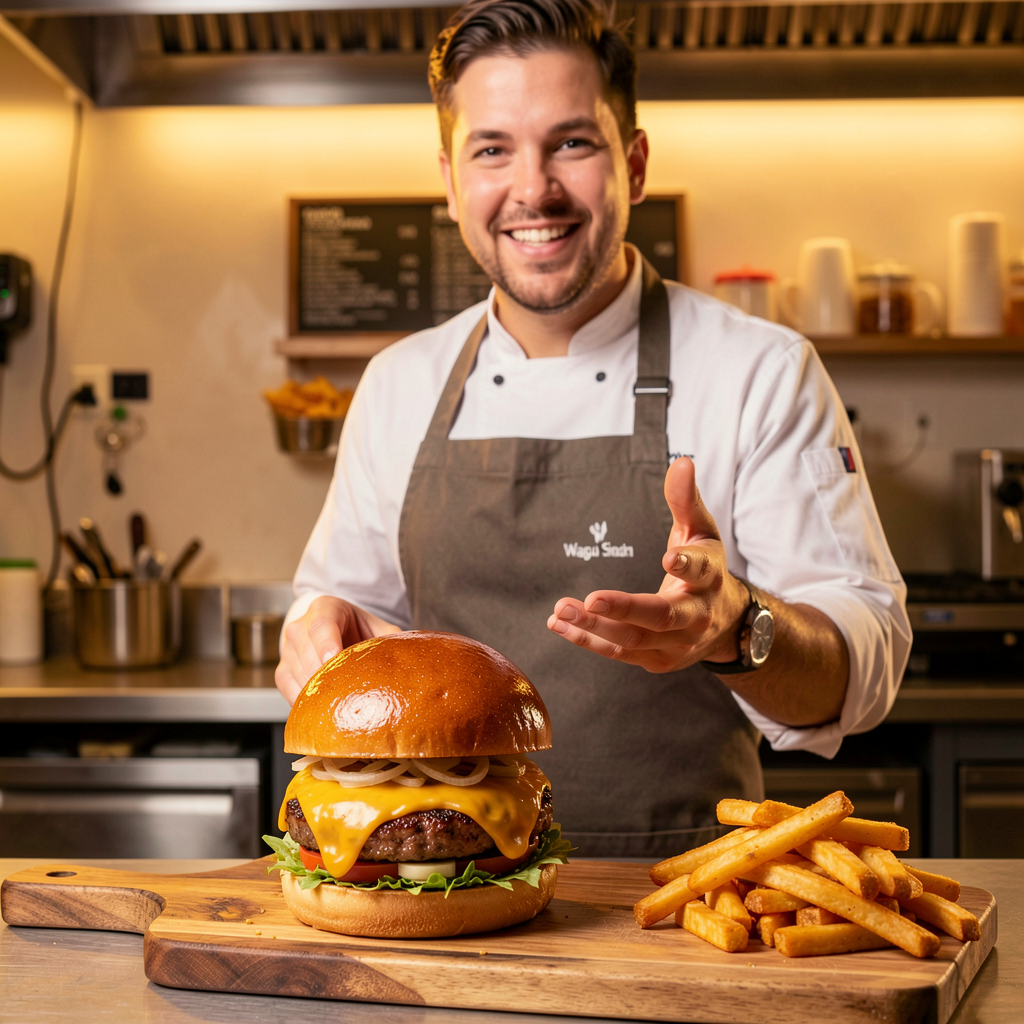 Wagyu Smashburger on a board with fries