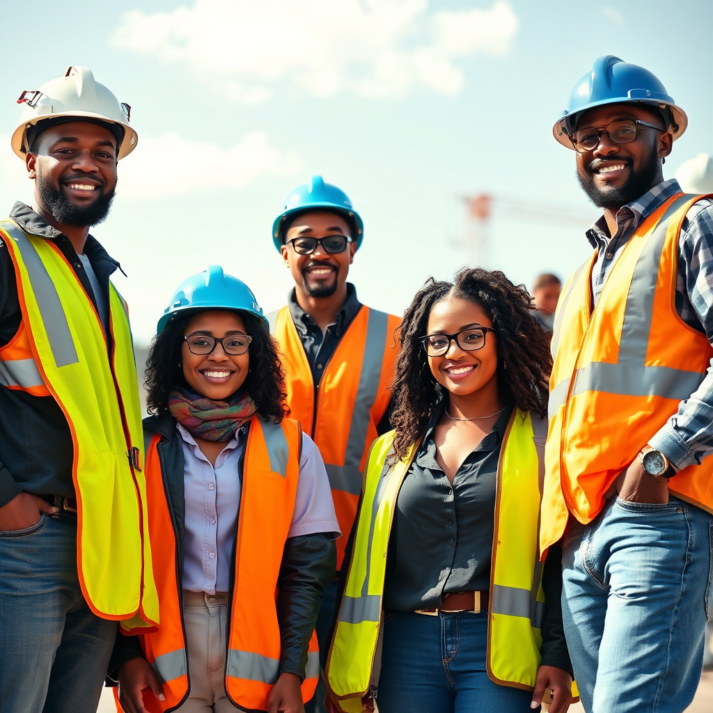 Happy Black construction workers on site