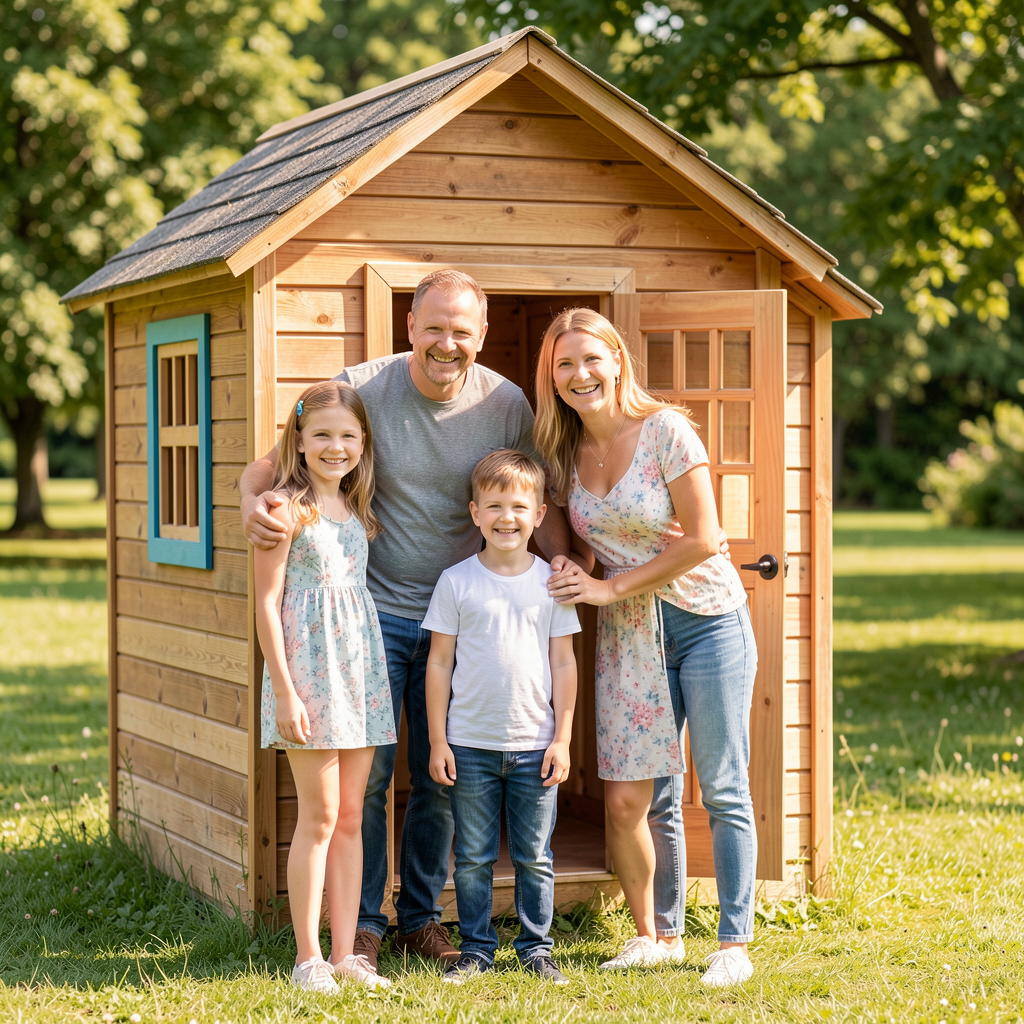 Family in front of Wendy House